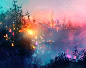 Obraz premium Enchanted winter village scene at night. Pastel colors, snow-covered houses, a whimsical moon, and a calm river create a dreamy atmosphere.