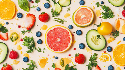 Colorful arrangement of fresh fruits and vegetables on a bright surface in natural light