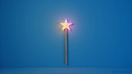 photo of a light up wand with a rainbow colored star light made of wood blue background  sparkle