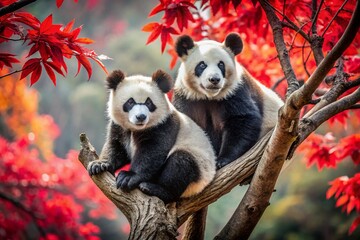 Obraz premium Candid Black and White Pandas in Red Autumn Tree, Red Sky Background
