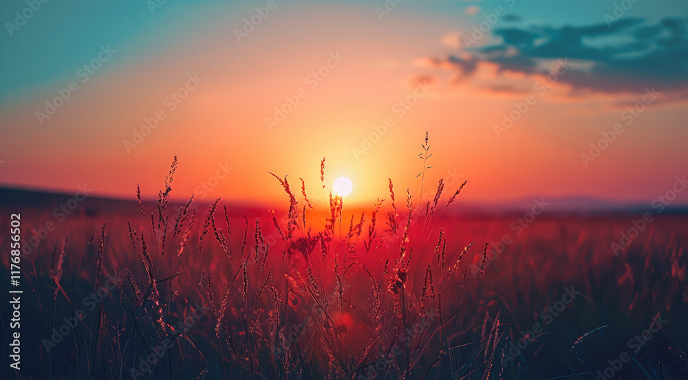 Poster a beautiful sunset over a field with subtle dark blue color palette.