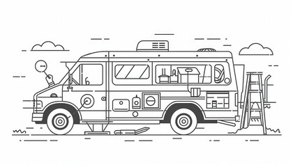 A line art illustration of a handyman's van equipped with tools and a ladder. Perfect for service business logos or website graphics.