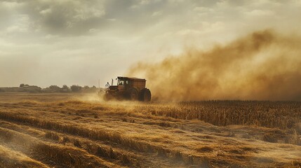 Fototapeta premium Tractor harvesting wheat in dusty field.