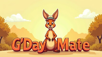 kangaroo in front of the text G'Day Mate kangaroo is wearing a hat cartoon illustration art
