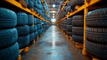 Stacks of Car Tires in Factory Storage Area