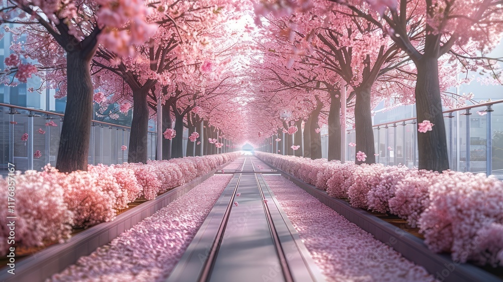 Poster modern subway in the middle, two rows of cherry blossom trees on the road, spring of falling cherry 