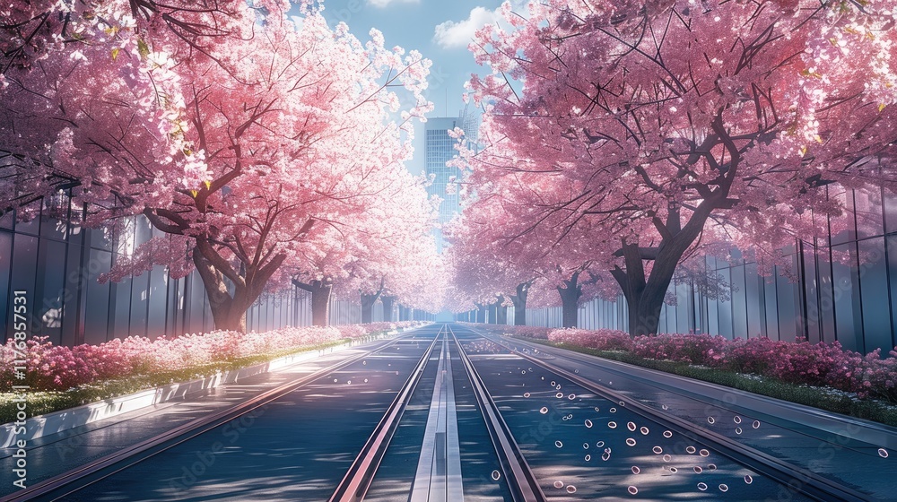 Poster modern subway in the middle, two rows of cherry blossom trees on the road, spring of falling cherry 