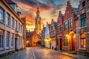 Fototapeta premium Charming Bruges Street: Red Brick Houses & Belfry Tower - Medieval Flemish Architecture