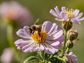 a bee perched on a flower with a blurred background