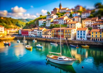 Charming Lastres, Spain: Tilt-Shift View of a Sailing Boat in Picturesque Harbor