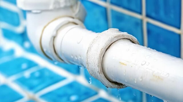 A white plastic pipe leaking water at a joint, set against a tiled blue background