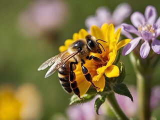 a bee perched on a flower with a blurred background