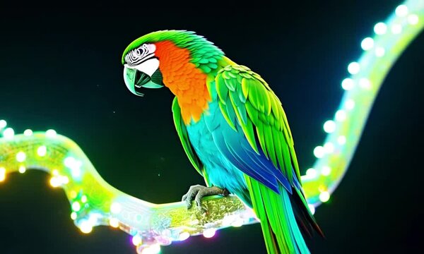 Create a video of a vibrant parrot with its feathers glowing in holographic neon shades,perchedon a futuristic tree branch emitting soft light patterns
