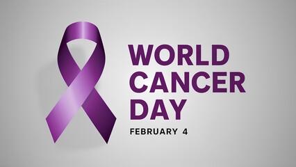 Banner, poster with purple ribbon and the text “FEBRUARY 4 WORLD CANCER DAY” on a light background. Symbolizes unity and support in the fight against cancer.