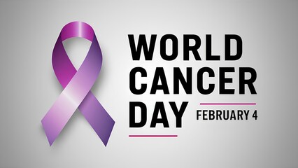 Banner, poster with purple ribbon and the text “FEBRUARY 4 WORLD CANCER DAY” on a light background. Symbolizes unity and support in the fight against cancer.