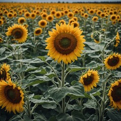 Fototapeta premium A field of sunflowers swaying gently in the breeze.