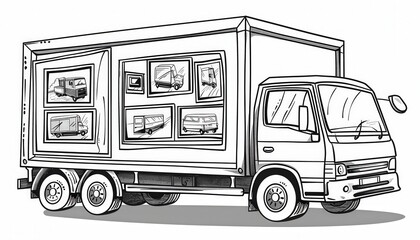 A delivery truck showcases various truck and van models on its side. Ideal for advertising vehicle sales, rentals, or logistics services.