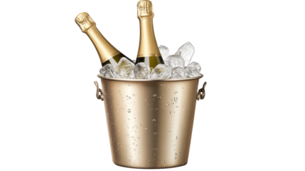 Champagne Chill:  A golden champagne bucket brimming with ice cubes and two chilled bottles of bubbly, ready to pop open for a special occasion.  
