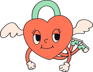 Obraz premium Groovy Heart shaped Lock Character Doodle Retro
