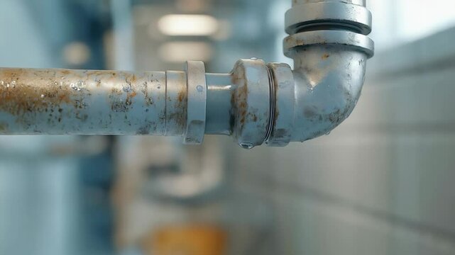 A rusty blue metal pipe dripping water from a joint, with a blurred industrial background