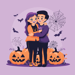 Fototapeta premium Couple holding carved pumpkin with jack-o'-lantern faces.