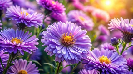 Close-up Lilac and Purple Aster Flowers Blooming in Garden