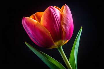 Close-up Low Light Tulip Flower, Isolated on Black Background, Clipping Path, Nature Photography