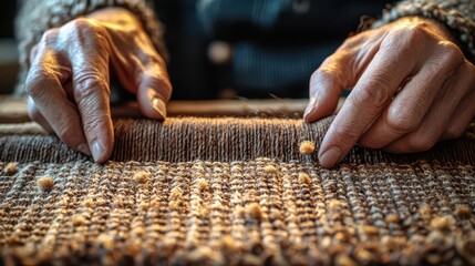Hands crafting textured woolen fabric: close-up of skilled artisanal weaving process