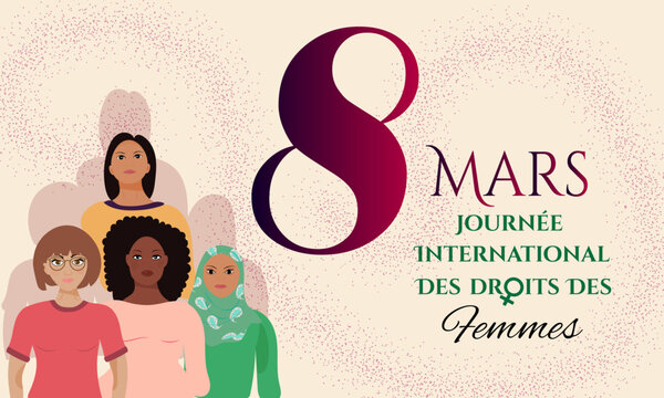 International Women's Day Women's Rights Day in French. March 8. Horizontal banner with different women for awareness and equality campaigns. Vector.