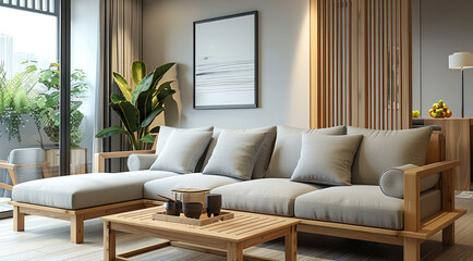Fototapeta premium Design of a wooden-framed sofa with cushions and a table, in a soft gray fabric with a light wood color, suitable for a modern-style living room. The dining area features solid oak coffee bar counter