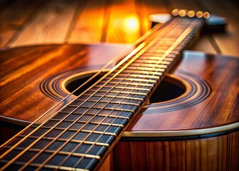 Fototapeta premium Close-up of Acoustic Guitar Neck, Detailed Wood Grain, Music Instrument Photography