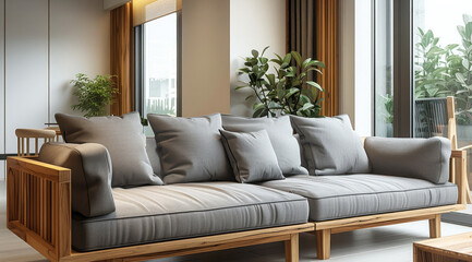 Fototapeta premium Design of a wooden-framed sofa with cushions and a table, in a soft gray fabric with a light wood color, suitable for a modern-style living room. The dining area features solid oak coffee bar counter