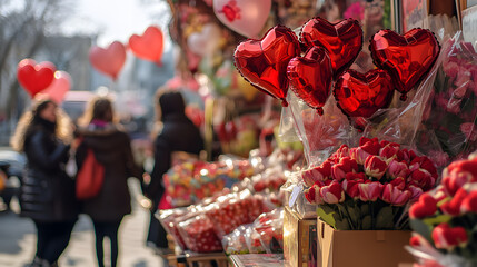 A vibrant Valentine's Day market stall filled with handmade gifts, bouquets of red and pink flowers, and heart-shaped balloons, with happy couples browsing the offerings on a sunny day 