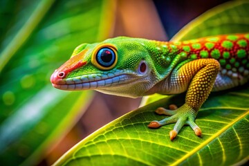 Fototapeta premium Close-up of Gecko on Leaf, Tropical Reptile, Detailed Texture, Green Nature, Wildlife Photography