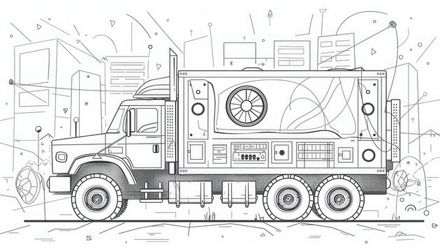 A blueprint-style illustration of a specialized truck with intricate details, potentially for mobile broadcasting or data processing.  Suitable for technical designs, infographics, or futuristic conce