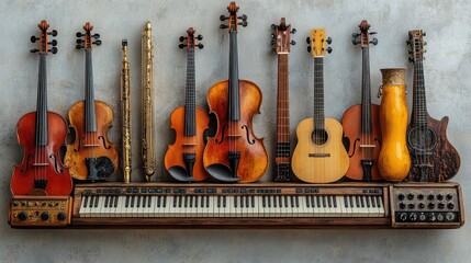 Naklejka premium Orchestral Instruments and Keyboard on a Wall