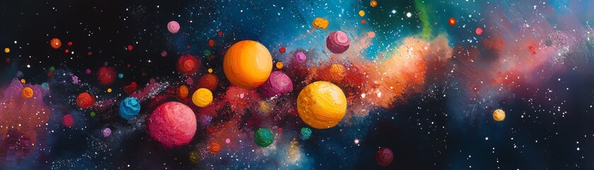 Fototapeta premium Vibrant cosmic art depicting colorful planets and nebulae in a dynamic space scene. Ideal for science fiction, fantasy, and space exploration themes.