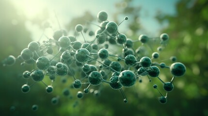 Mysterious green molecules dance in sunlight above a vibrant natural landscape. Generative AI