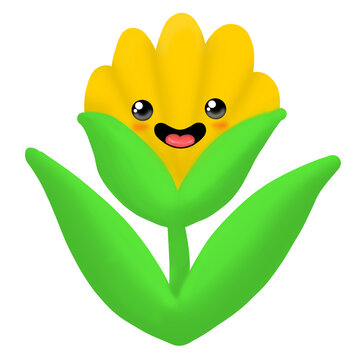 Yellow flower with leaf, cute flower on white, flower on White, Yellow flower, character, smiley face, caroon