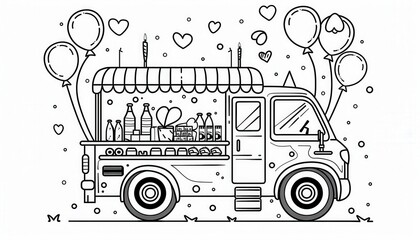 Obraz premium A charming food truck decorated with balloons and birthday treats. Perfect for coloring pages, party invitations, or stickers.