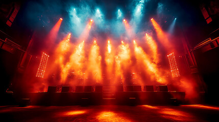 Concert stage with intense spotlights, light flares and smoke effects, highenergy rock concert vibe, vivid contrasts