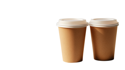 Two Paper Coffee Cups: Two kraft paper coffee cups with white lids stand side-by-side, ready for a coffee break.  Sunlight casts a gentle shadow.