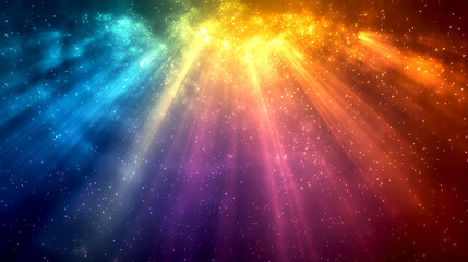 Dazzling light rays fanning out from a central source, rainbow colors, dramatic concert setting, vibrant and energetic