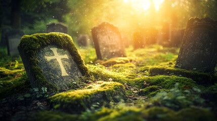 A chilling graveyard scene with tombstones draped in moss, a ghostly figure appearing near one grave, and the surrounding area bathed in an ethereal glow, representing the connection between 