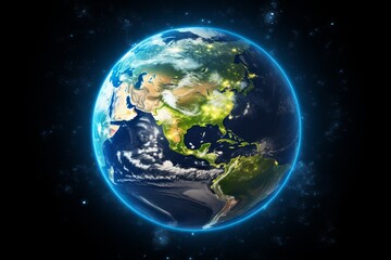 Fototapeta premium Vibrant view of Earth illuminated by cosmic light from space at night. Generative AI