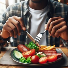 252 Close up of a person enjoying a delicious meal with a fork a