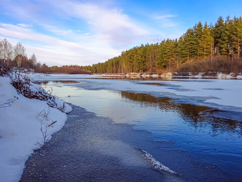 Pra River in winter, Deulino, Ryazan region, Russia