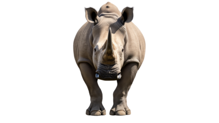 White Rhino Portrait: A powerful and majestic white rhinoceros stares directly at the camera, its imposing presence commanding attention.