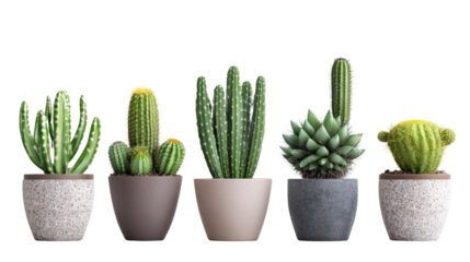 Cactus Variety: A row of five potted cacti, each with a unique shape and texture, showcasing the diverse beauty of these desert plants.  