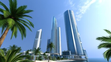 Modern skyscrapers surrounded by palm trees and clear skies.
